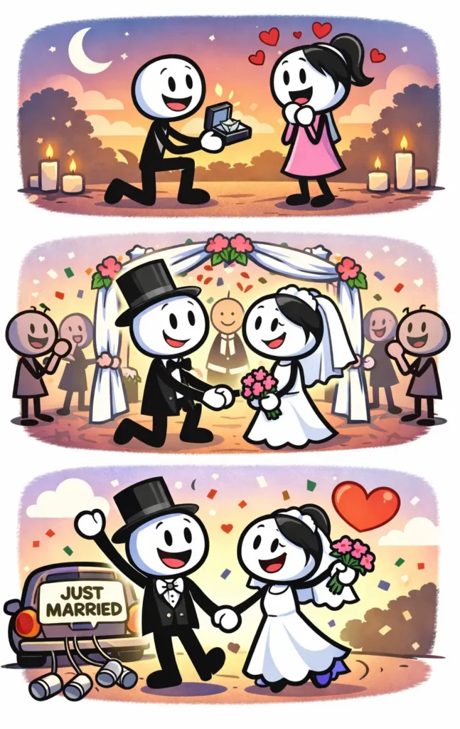 Stripafbeelding in Toonwords-stijl van het woord “huwelijk”, met een stickman die liefde en verbinding rond een bruiloft uitbeeldt.