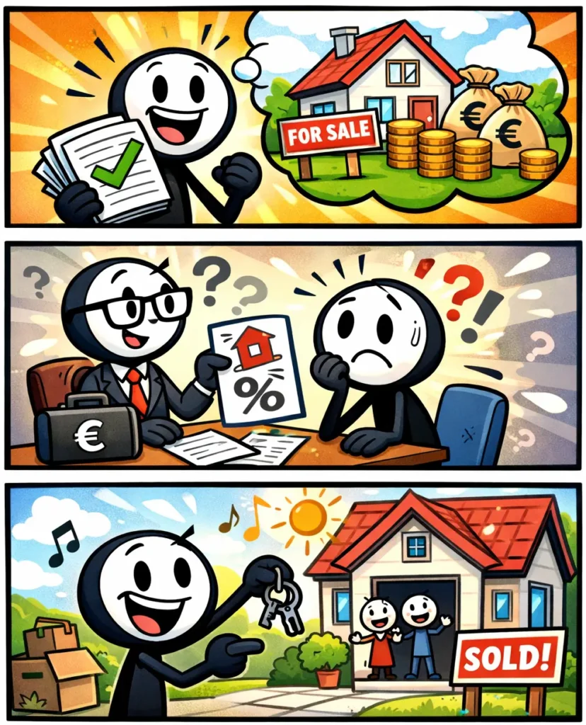 Stripafbeelding van een Toonwords-stickman over het Nederlandse woord “hypotheek” met drie panelen onder elkaar, in kleur, zonder tekst.