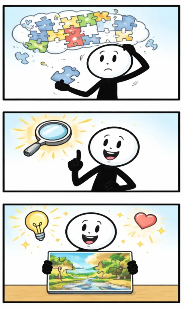 Driepanelige stripafbeelding met stickman-figuurtjes die Inzien uitbeelden, waarbij een situatie langzaam helder wordt in het hoofd.