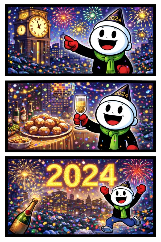 Toonwords-strip met stickman die de Jaarwisseling viert met aftellen, vuurwerk en het begin van een nieuw jaar.