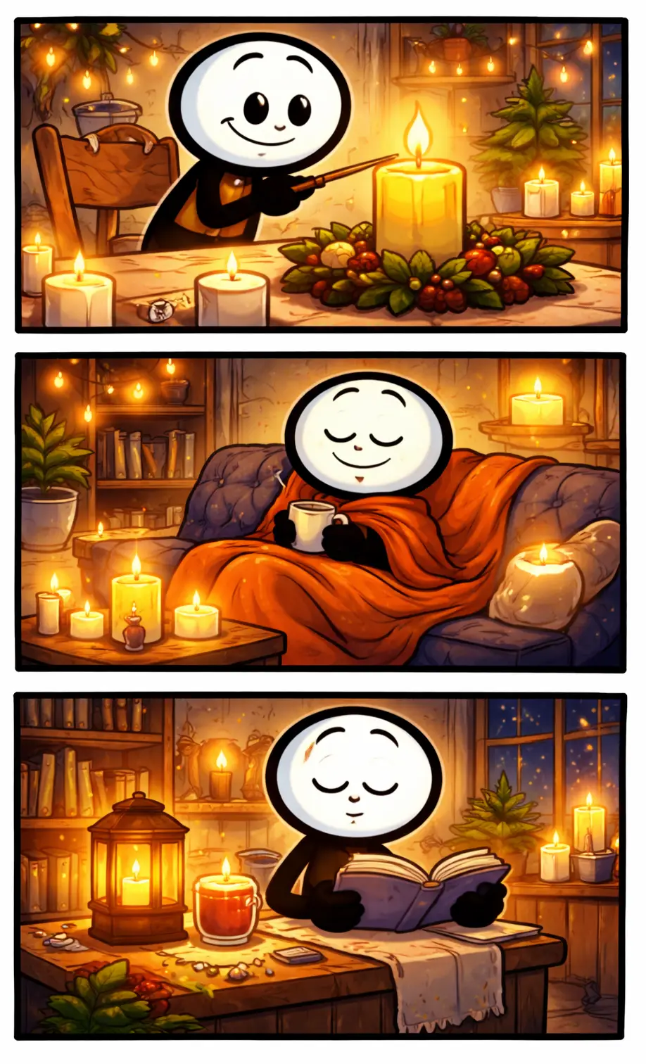 Stripafbeelding van een stickman in Toonwords-stijl over kaarslicht, drie panelen onder elkaar, in kleur, zonder tekst.