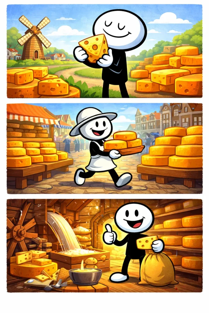 Driepanelige Toonwords-strip met een stickman tussen kazen op een Hollandse kaasmiddag, passend bij het Nederlandse woord “kaas”.
