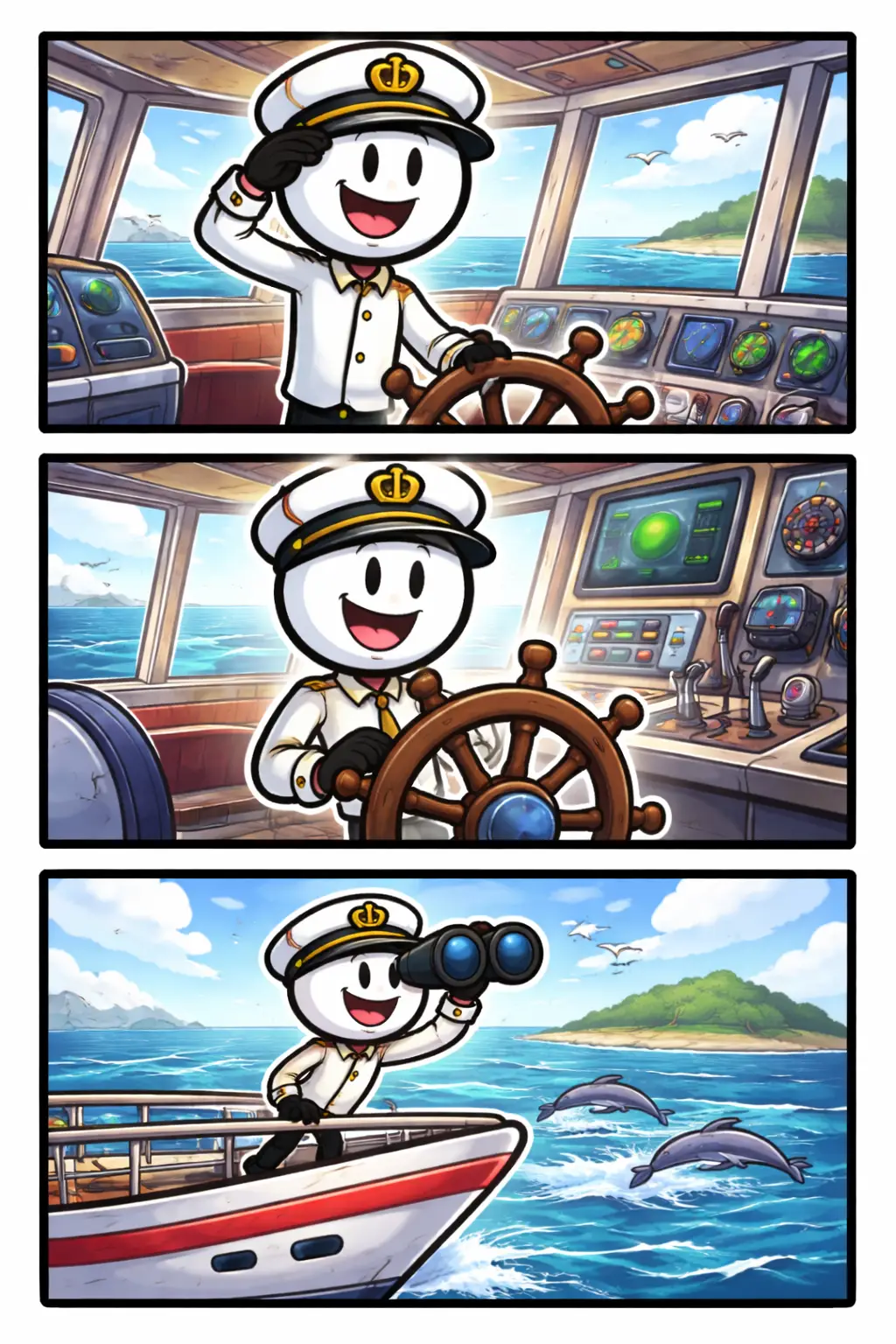 Stripafbeelding van een stickman in Toonwords-stijl als kapitein op een schip, weergegeven in drie kleurrijke panelen onder elkaar.