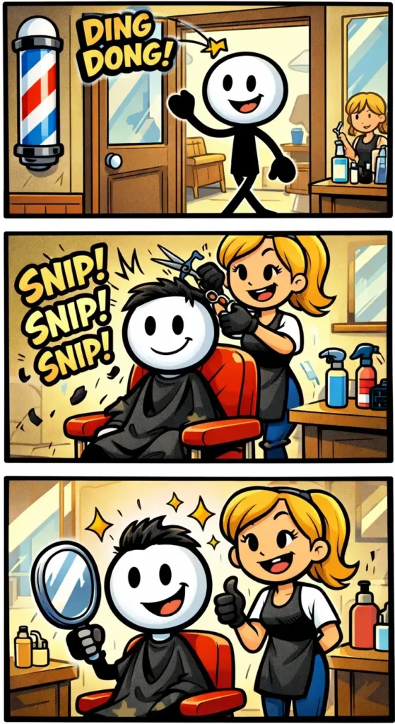 Toonwords-strip van stickman die naar de kapper gaat voor een mooie geknipt kapsel.