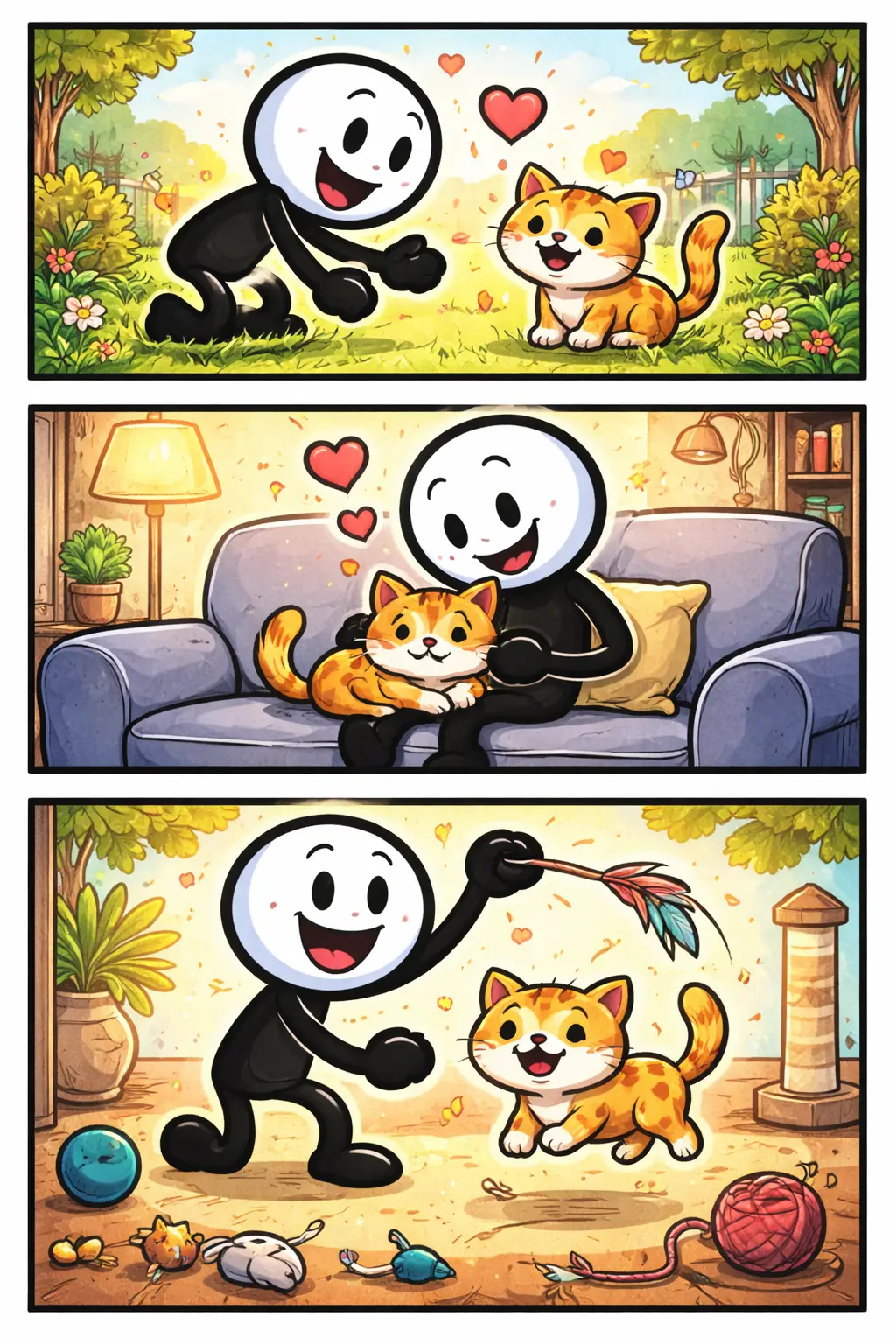 Stripafbeelding van een stickman die een kat aait en ermee speelt, gemaakt voor het Nederlandse woord ‘kat’.