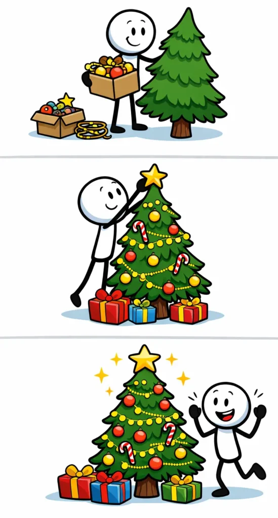Stripafbeelding van een stickman die een kerstboom versiert en bewondert, passend bij het Nederlandse woord ‘kerstboom’. 🌟🎄