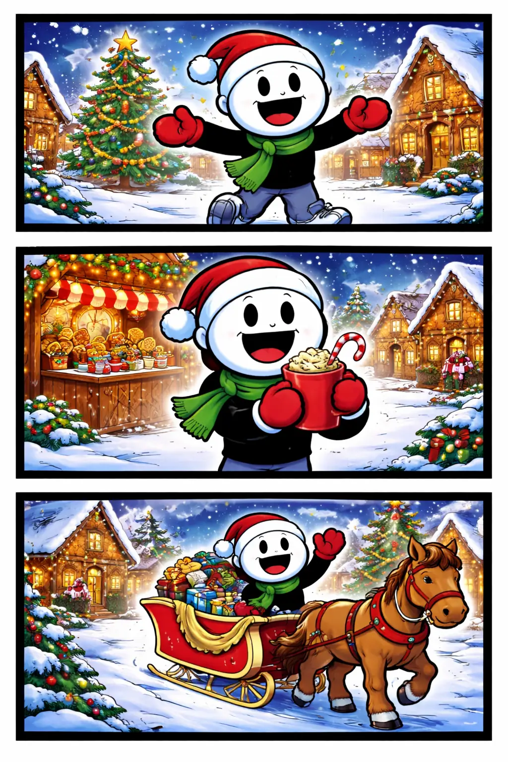 Toonwords-stripafbeelding met stickman-figuurtjes in een kerstdorp met huisjes en winterse sfeer.