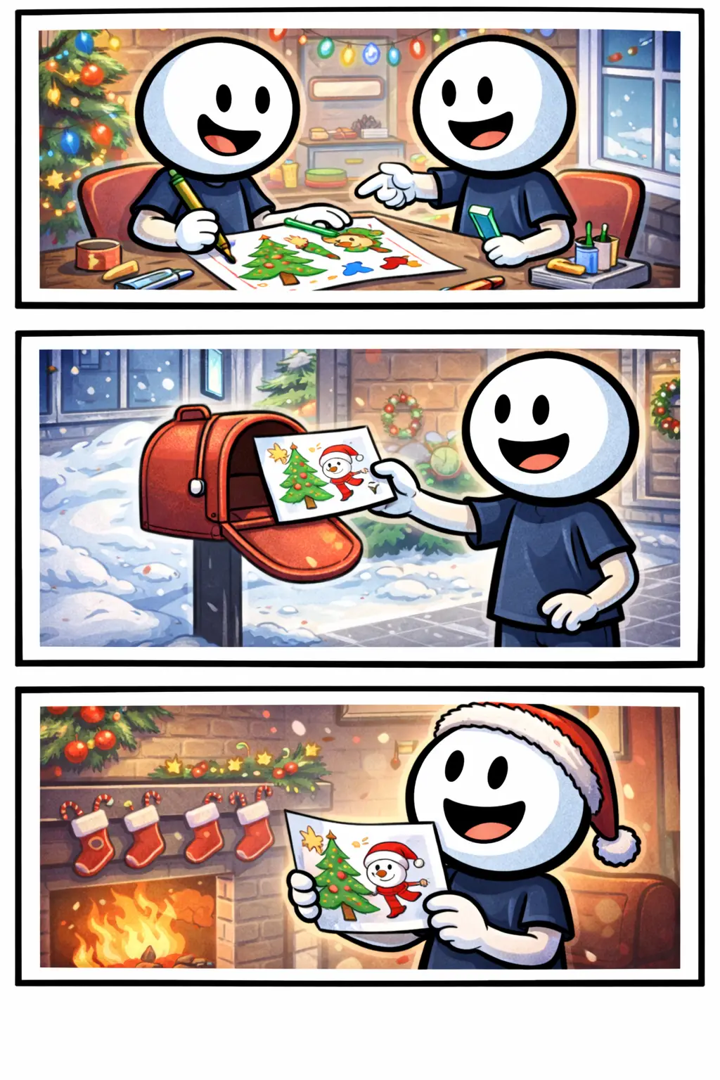 Stripafbeelding met drie panelen van stickman-figuurtjes die een kerstkaart maken, versturen en ontvangen, in Toonwords-stijl, met het Nederlandse woord “Kerstkaart” als onderwerp.