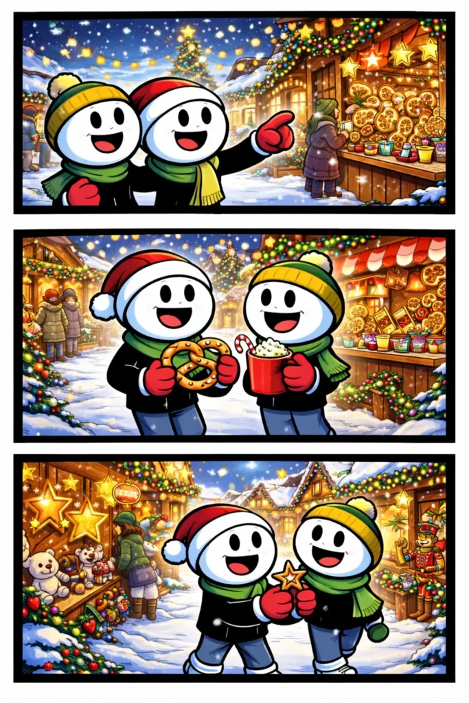 Toonwords-stripafbeelding met stickman-figuurtjes op een kerstmarkt met kraampjes en lichtjes.