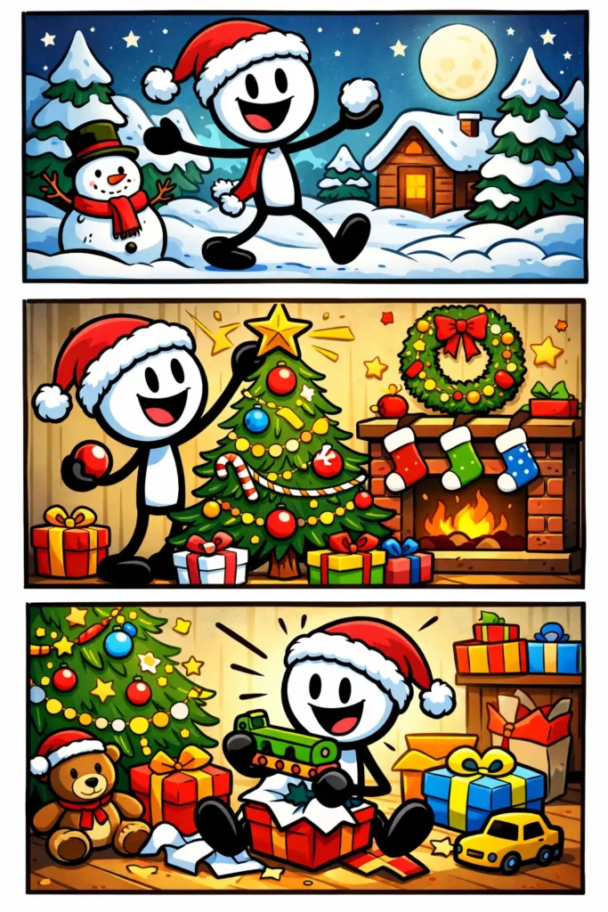 Stripafbeelding van een stickman die kerstmis beleeft, met sneeuw, kerstboom en cadeaus. 🎄✨