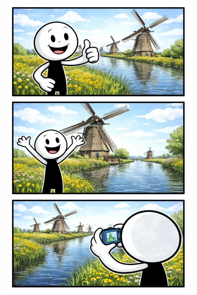 Stripafbeelding van een stickman bij Kinderdijk met molens en water, in kleur, zonder tekst.