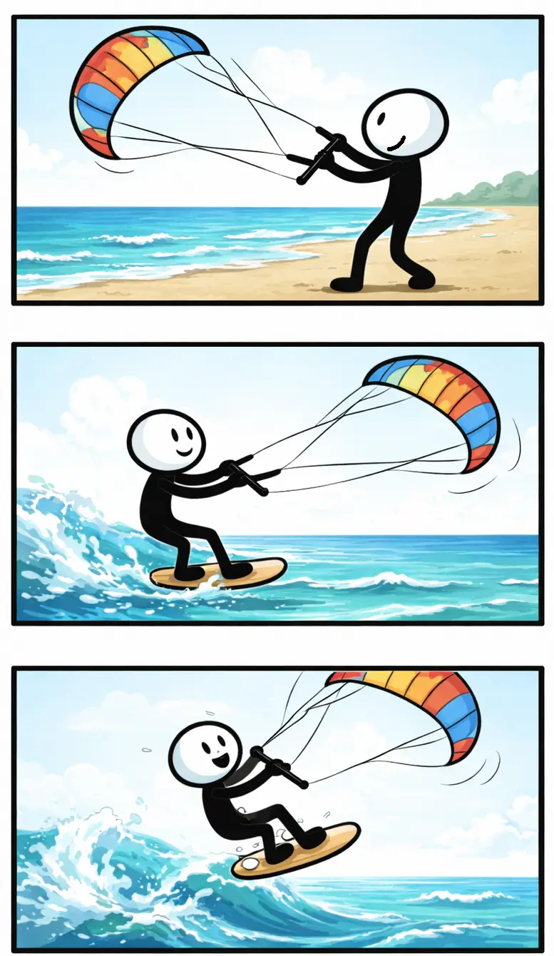 Drie-panelen stripafbeelding in Toonwords-stijl met stickman-figuurtjes die kitesurfen laten zien, passend bij het Nederlandse woord Kitesurfen.