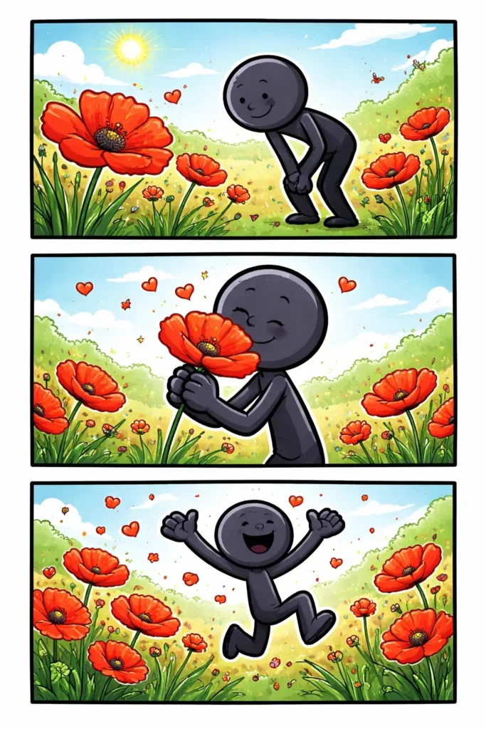 Stripafbeelding van een stickman bij een klaproos in een bloemenveld.