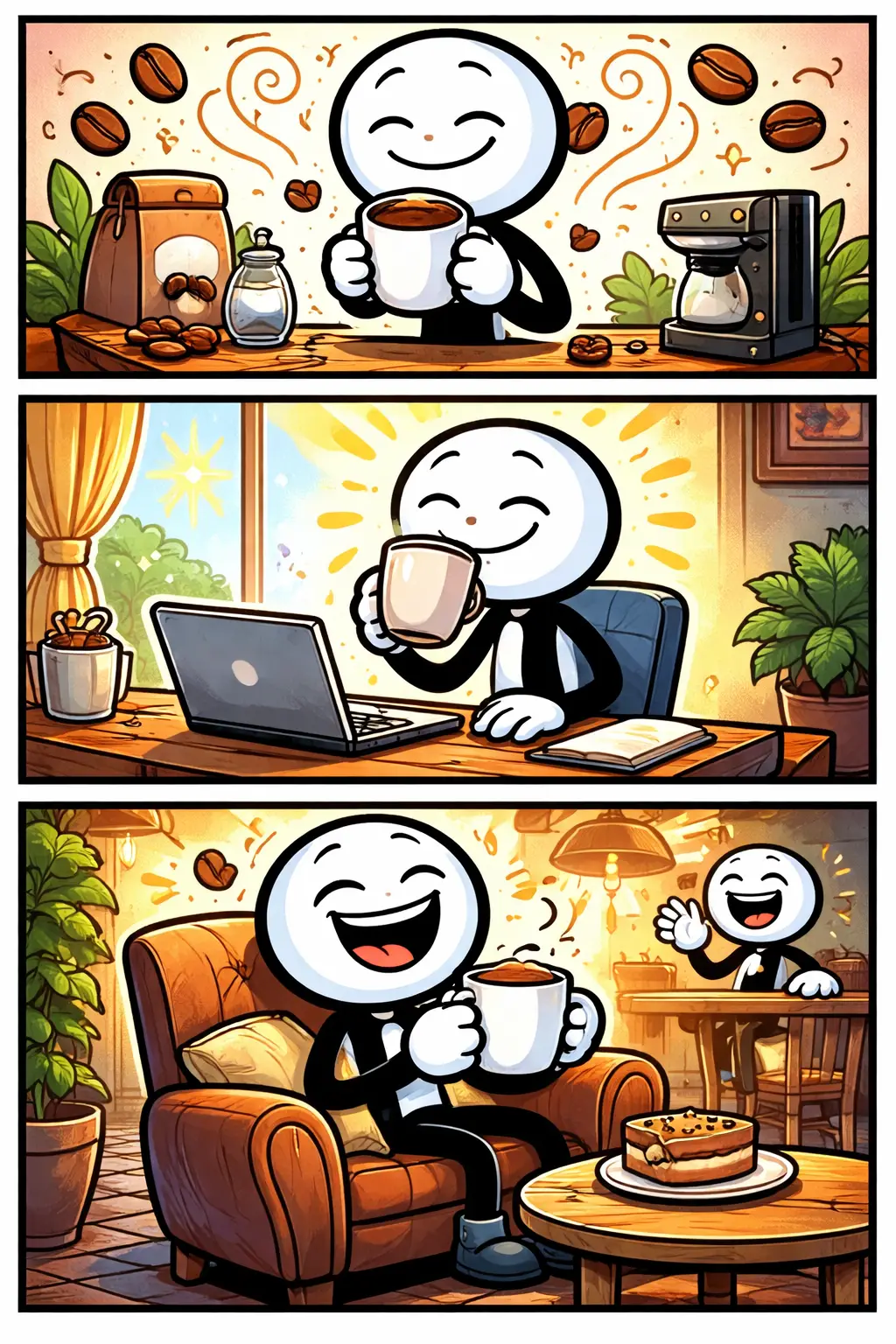 Een Toonwords-stickman geniet in drie onder elkaar geplaatste panelen van een kop koffie: een kop inschenken, drinken en ontspannen – met het woord “koffie” als thema.