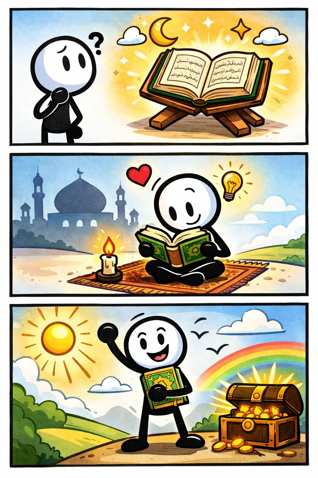 Stripafbeelding van een stickman die de koran ontdekt en leest, met het Nederlandse woord ‘koran’ als thema.