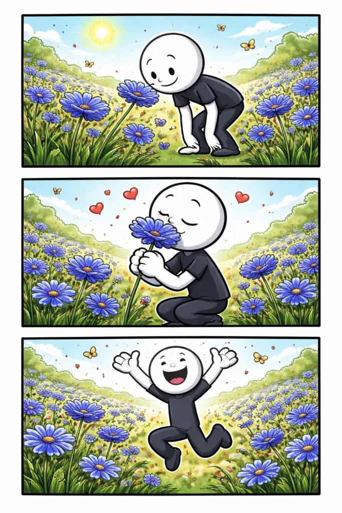 Stripafbeelding van een stickman tussen blauwe korenbloemen in een zomers veld.