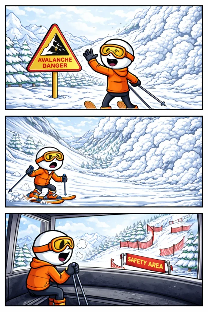 Stickman in Toonwords-stijl in een lawinegebied met waarschuwingsbord en grote sneeuwmassa’s in een berglandschap.