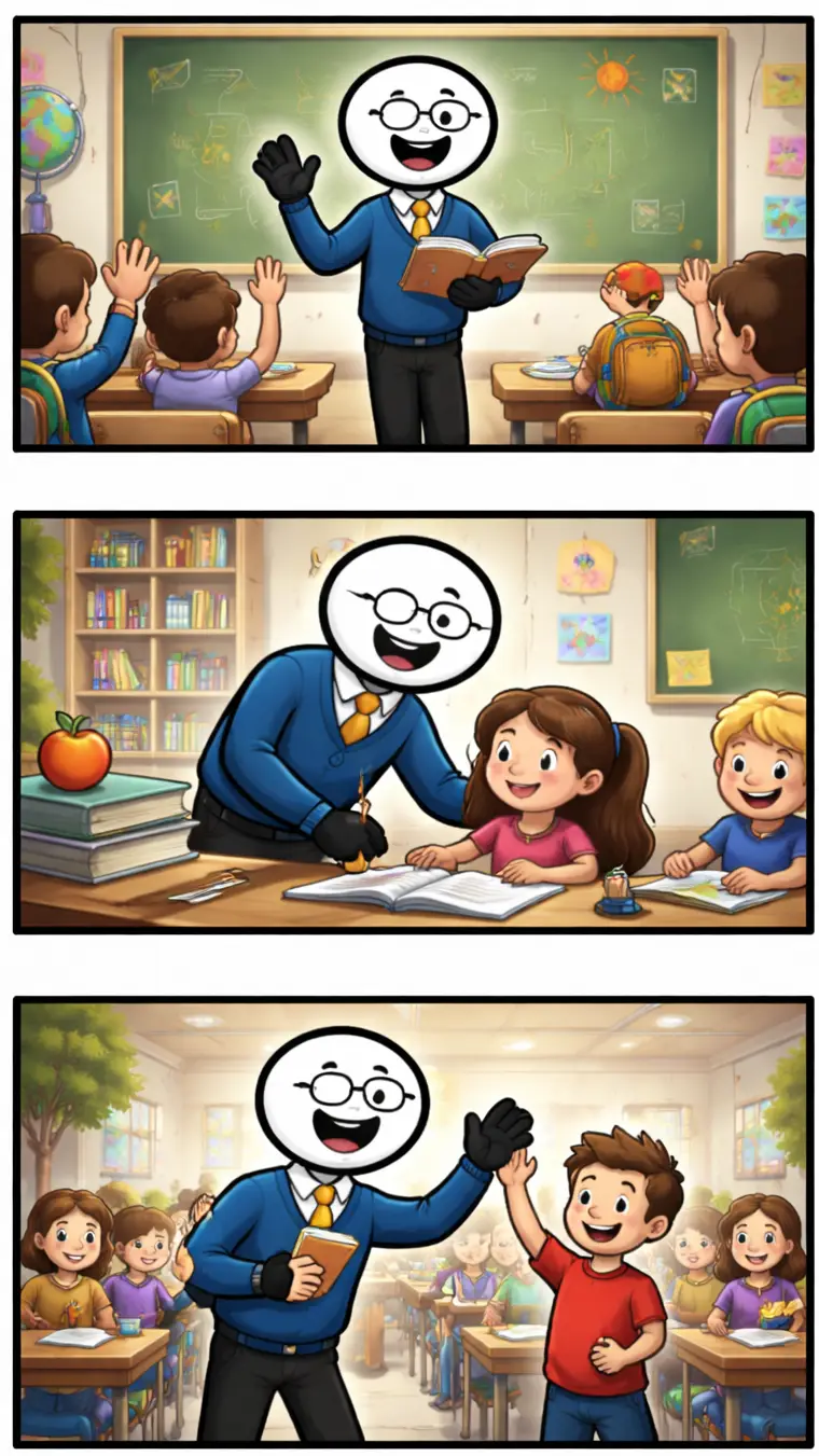 Drie-panelen stripafbeelding in Toonwords-stijl met een stickman die een leraar uitbeeldt tijdens lesgeven, passend bij het Nederlandse woord Leraar.