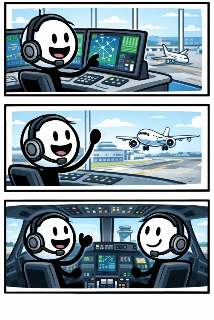 Stripafbeelding met drie panelen van stickman-figuurtjes in een verkeerstoren, in Toonwords-stijl, met als onderwerp het Nederlandse woord “Luchtverkeersleider”.