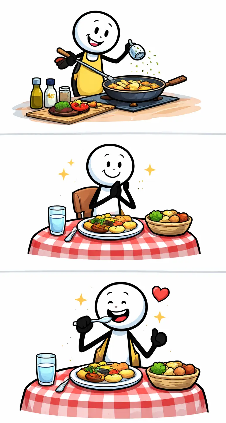 Stripafbeelding van een stickman die geniet van een maaltijd aan tafel, passend bij het Nederlandse woord ‘maaltijd'.