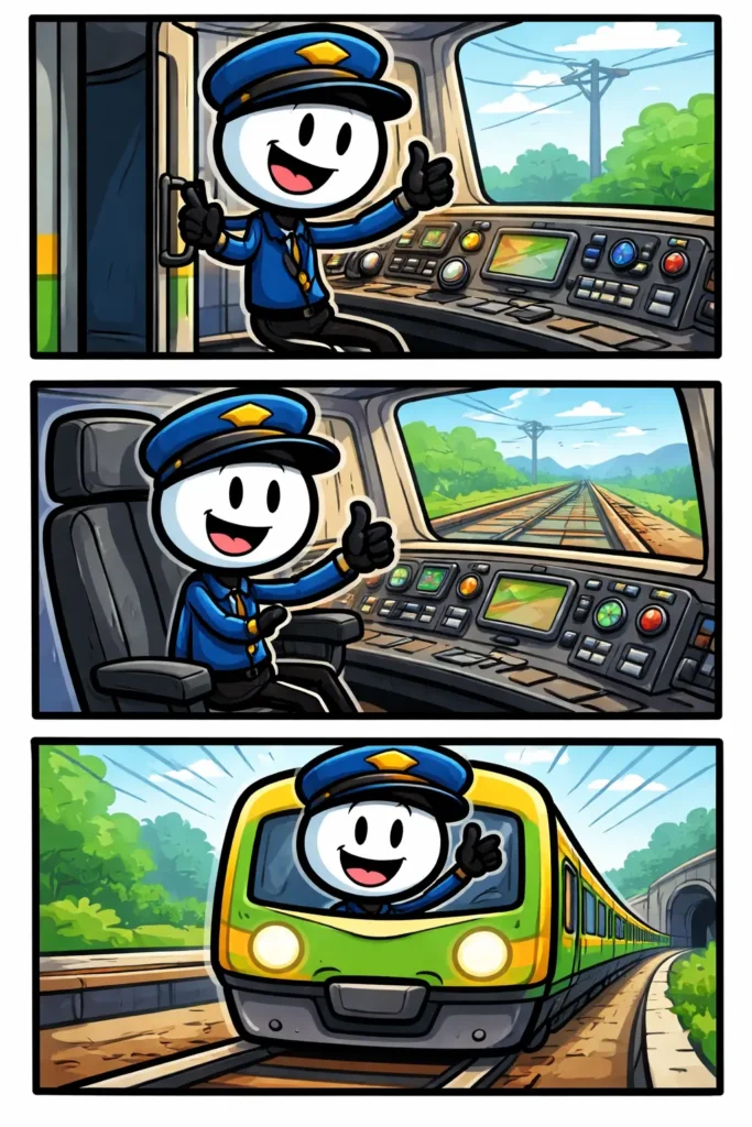 Stripafbeelding van een stickman in Toonwords-stijl die als machinist een trein bedient, weergegeven in drie kleurrijke panelen onder elkaar.