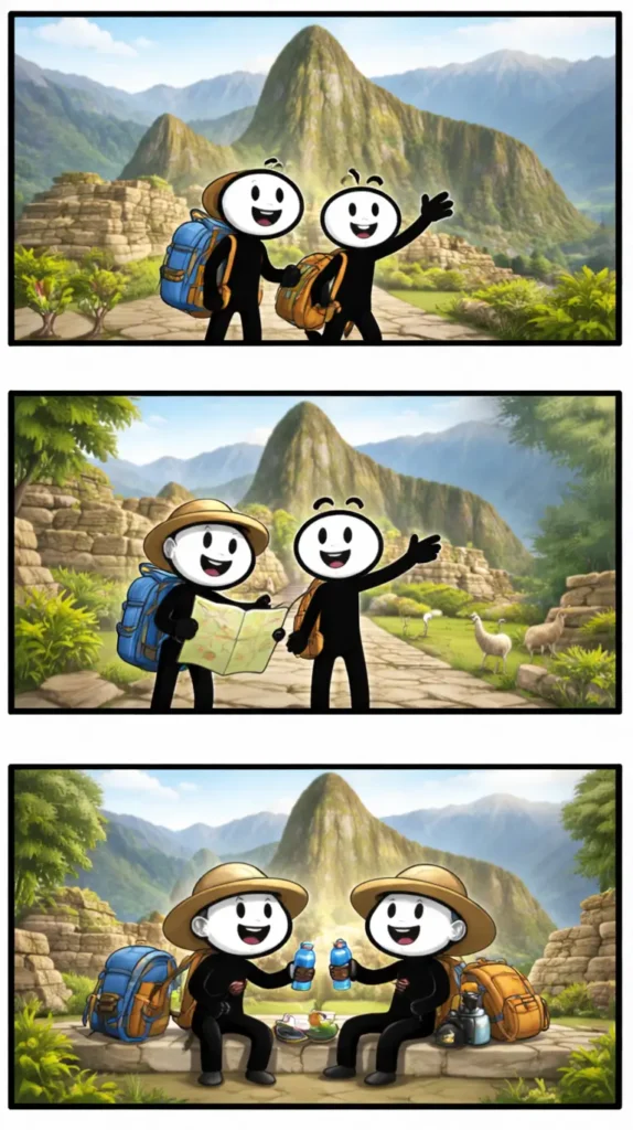 Drie-panelen stripafbeelding in Toonwords-stijl met stickman-figuurtjes bij Machu Picchu in Peru, passend bij het Nederlandse woord Machu Picchu.