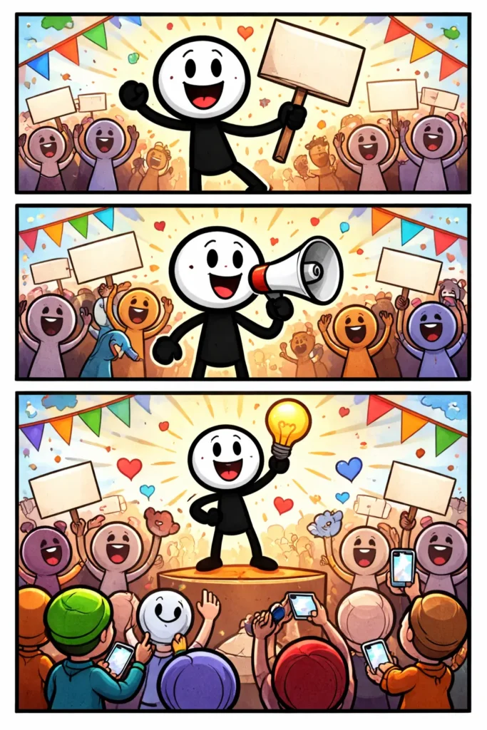 Stripafbeelding van een stickman die een manifestatie leidt met een groot publiek erachter, gebaseerd op het Nederlandse woord ‘manifestatie’.