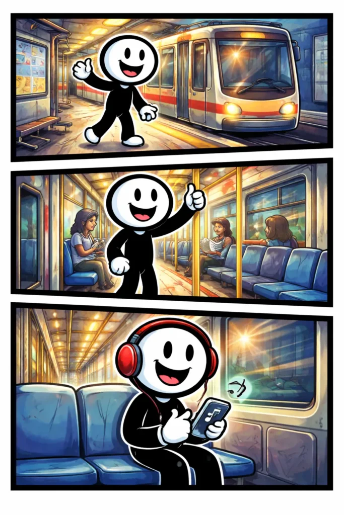 Driepanelige stripafbeelding in Toonwords-stijl van een stickman bij en in de metro, zonder tekst, bij het Nederlandse woord Metro.