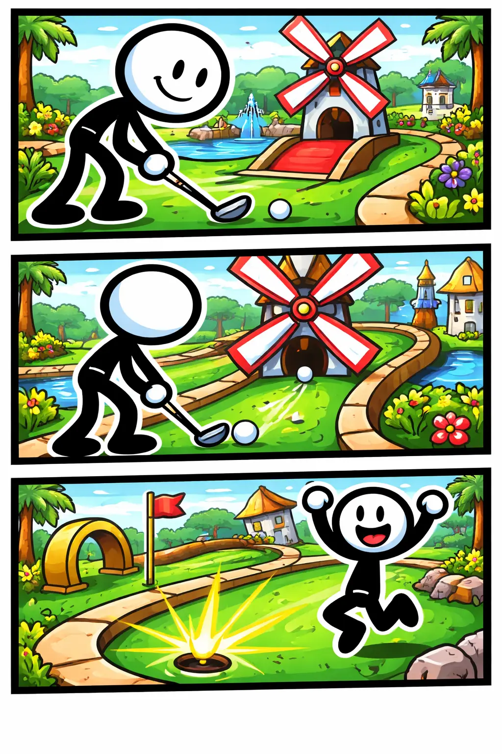 Stickman in Toonwords-stijl speelt mini-golf op een kleurrijke baan met hindernissen, zonder tekst, met het Nederlandse woord Mini-golf als onderwerp.