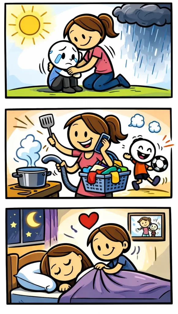 Stripafbeelding in Toonwords-stijl van een stickman die het woord ‘moeder’ belangrijg onderdeel van het gezin uitbeeldt in drie panelen.