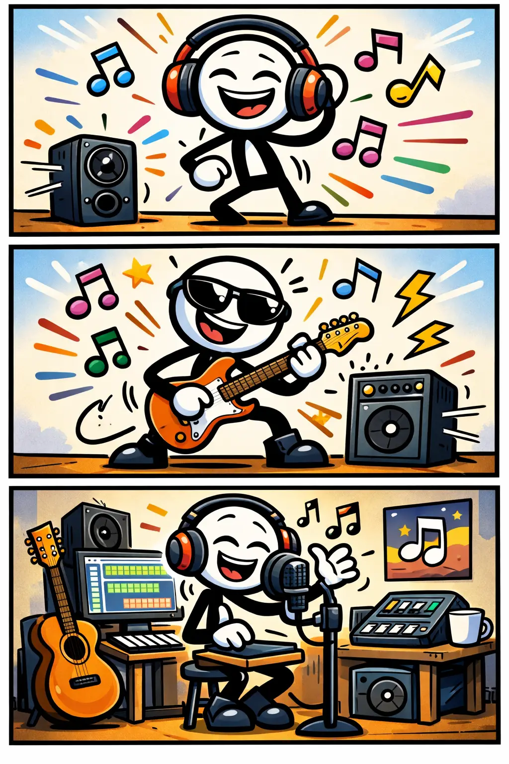 Een vrolijke Toonwords-stickman die muziek beleeft in drie panelen onder elkaar: luisteren, spelen en opnemen – met het woord “muziek” centraal in de sfeer.