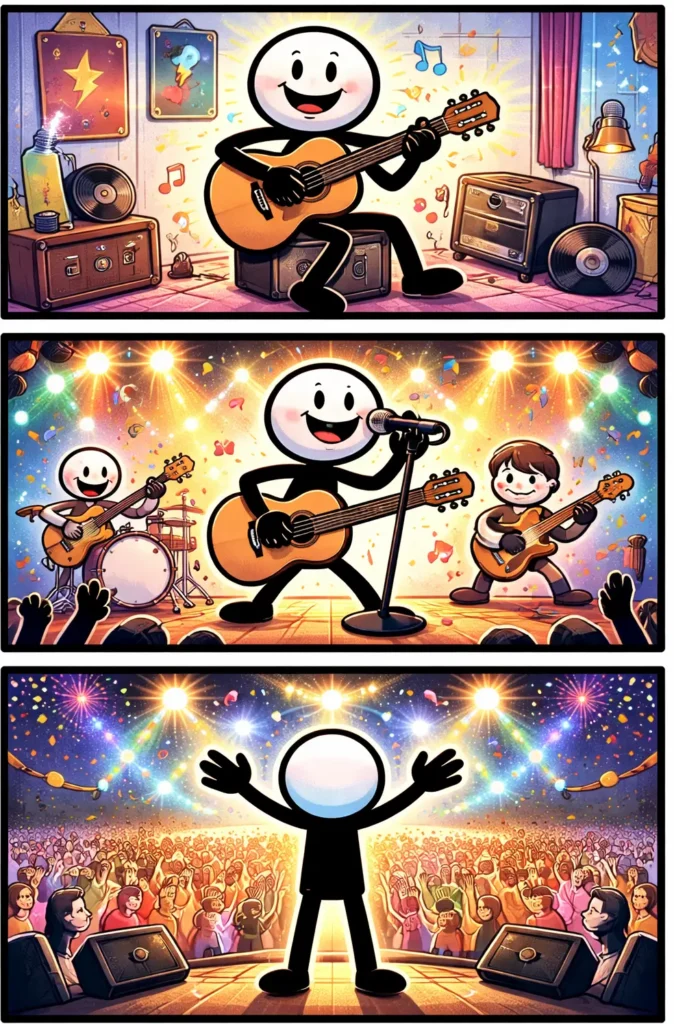 Stripafbeelding van een stickman muzikant in drie panelen onder elkaar met gitaar en podium.