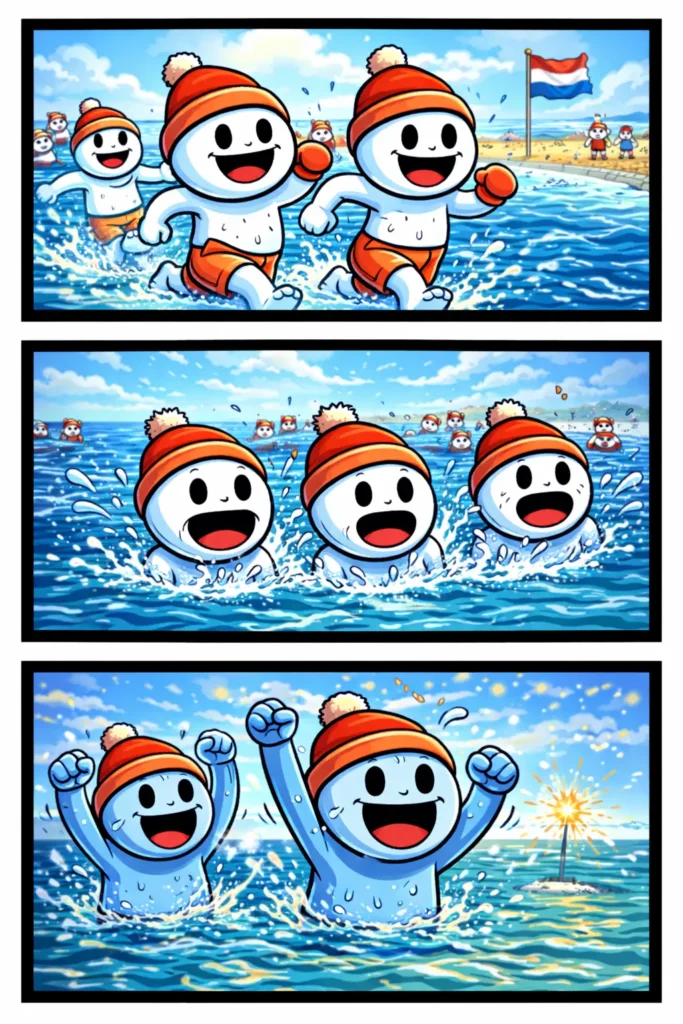 Toonwords-strip met stickman-figuurtjes die de Nieuwjaarsduik doen in koud water met feestelijke sfeer.