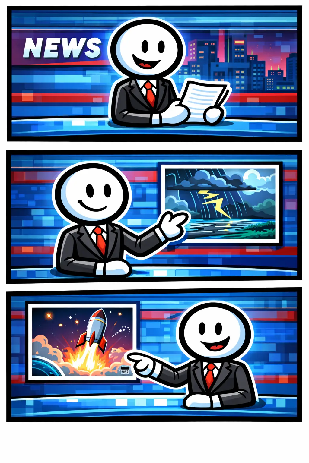 Stickman in Toonwords-stijl als nieuwslezer achter een bureau met microfoon en schermen, zonder tekst, met het Nederlandse woord Nieuwslezer als onderwerp.