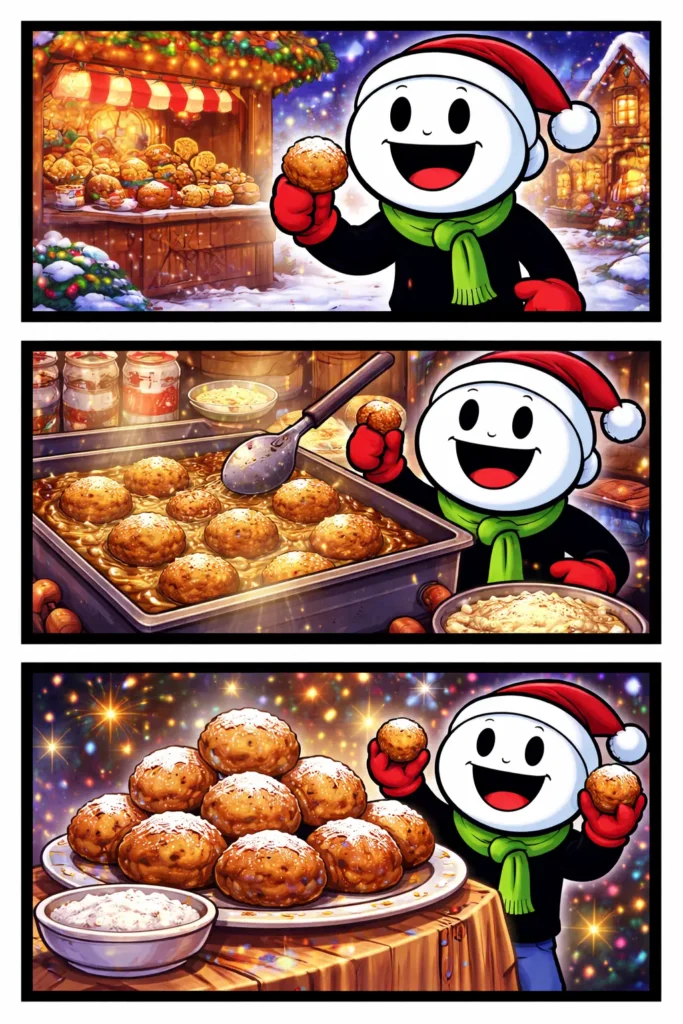 Toonwords-strip met stickman die Oliebollen eet en bakt tijdens de jaarwisseling.