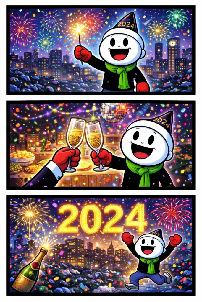 Toonwords-strip met stickman die Oud & nieuw viert met vuurwerk, champagne en aftellen naar het nieuwe jaar.