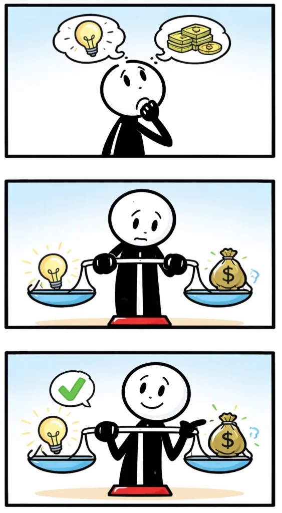 Driepanelige stripafbeelding met een stickman die Overwegen uitbeeldt, terwijl hij rustig verschillende opties tegen elkaar afweegt.