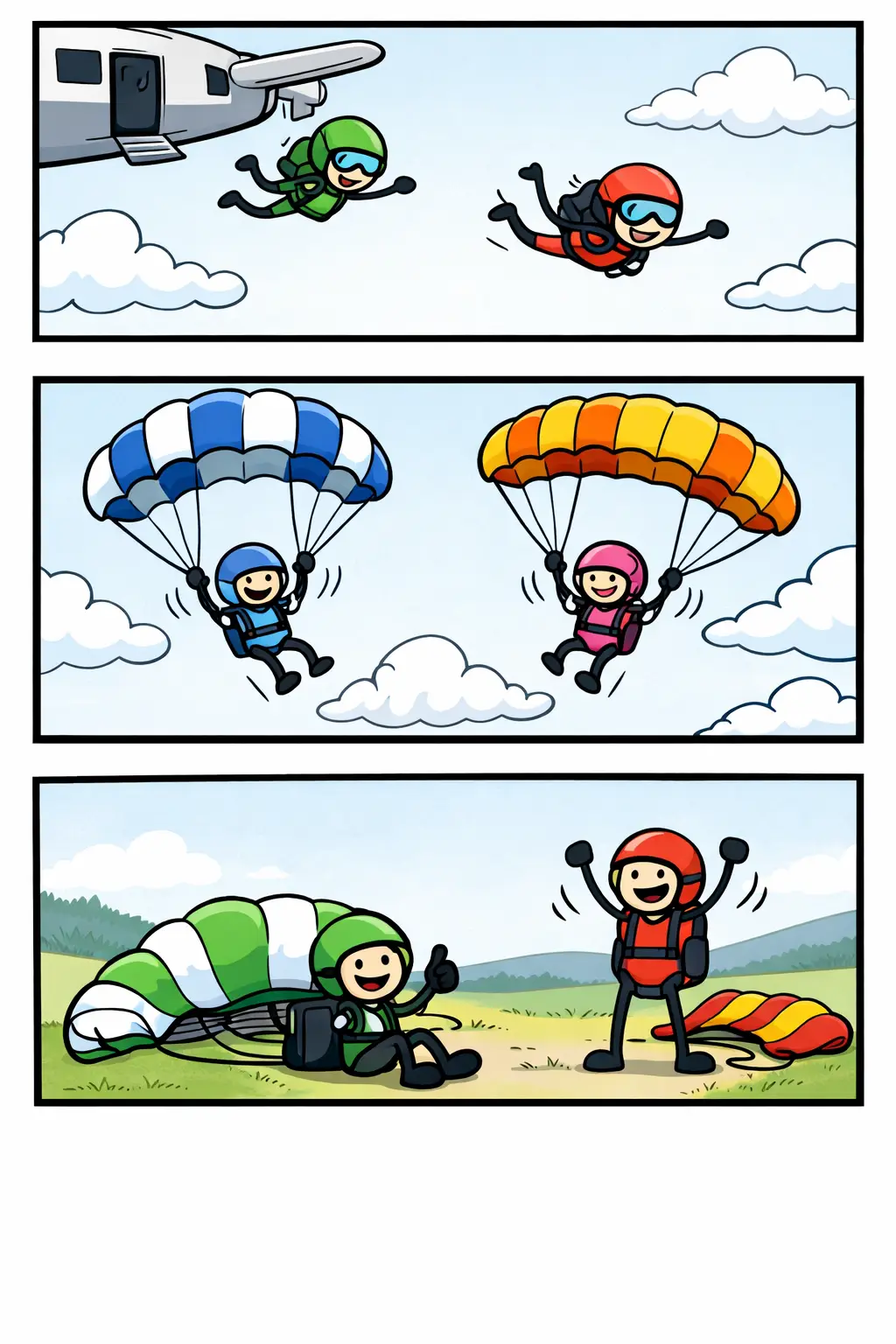 Stripafbeelding met drie panelen onder elkaar waarin stickman-figuurtjes in Toonwords-stijl Parachutespringen uitbeelden, van sprong uit het vliegtuig tot landing op de grond.