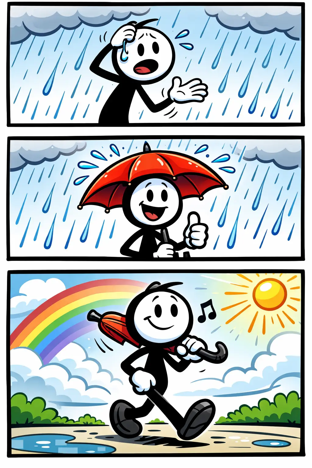Stripafbeelding van een stickman die met een paraplu door de regen loopt.