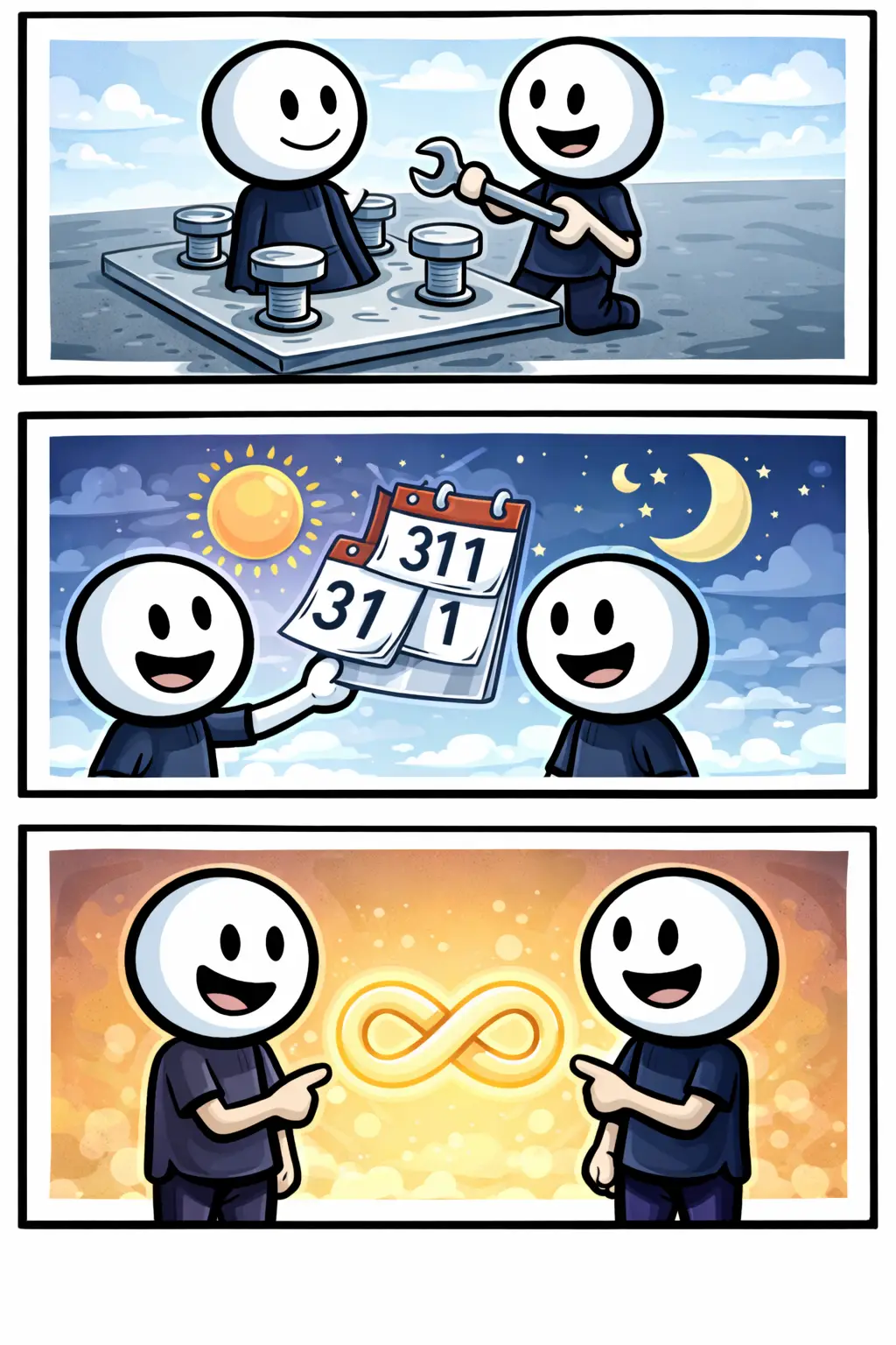 Stripafbeelding met drie panelen van stickman-figuurtjes in Toonwords-stijl die het begrip “Permanent” als voor altijd verbeelden, met het Nederlandse woord “Permanent” als onderwerp.