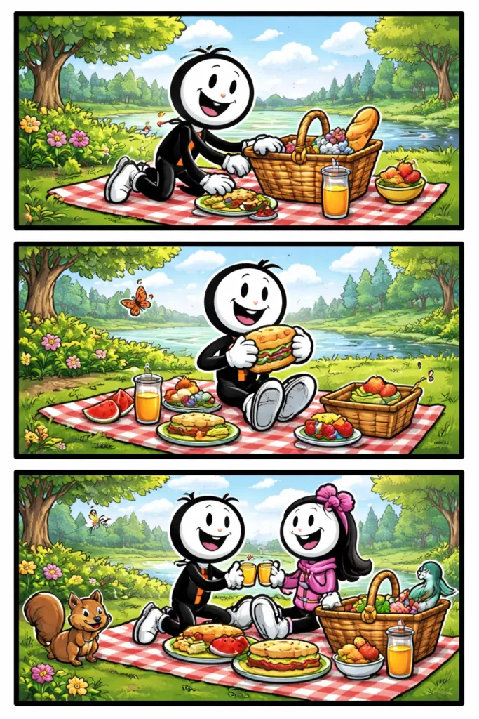 Stripafbeelding van een stickman die geniet van een picknick op een kleed in het park.