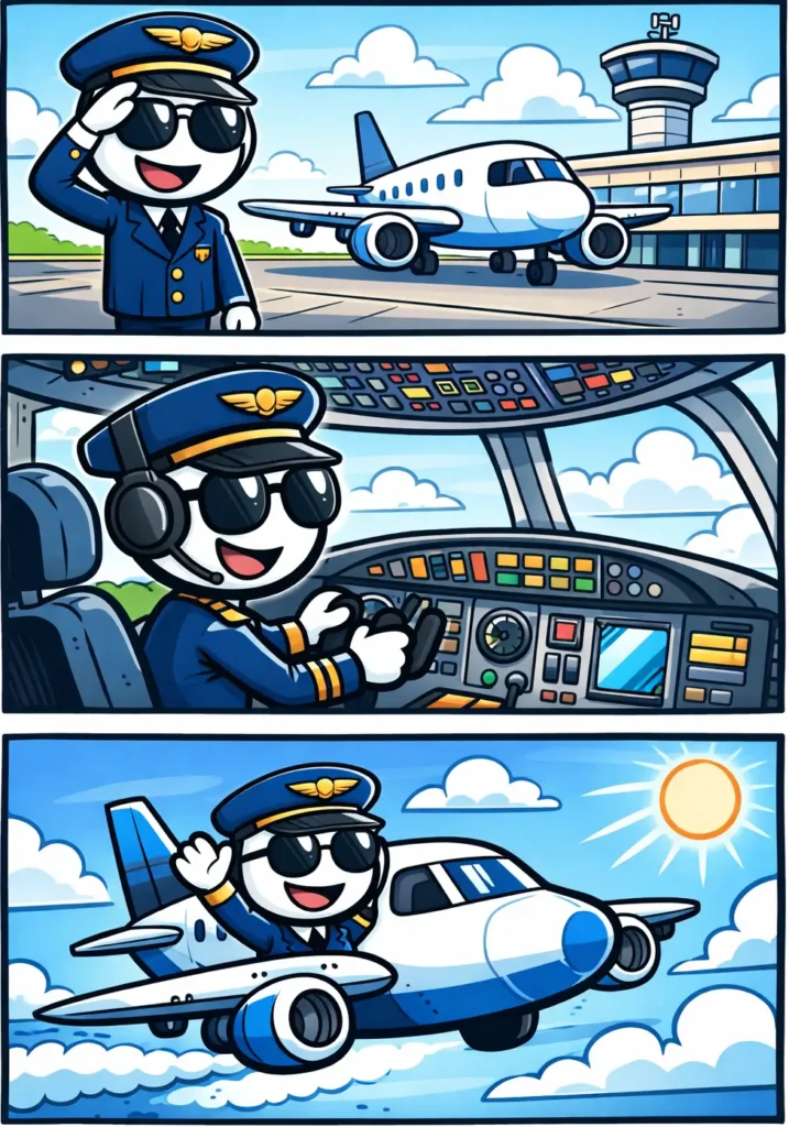 Een toonwords-strip van een piloot. Hij bestuurt een vliegtuig en brengt passagiers veilig naar hun bestemming.