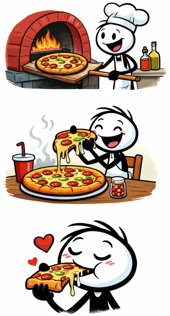 Driepanelige stripafbeelding van een stickman die pizza bakt, serveert en eet – Toonword pizza