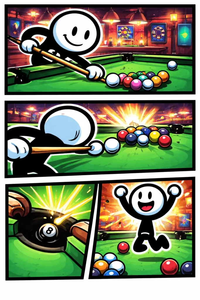 Stickman in Toonwords-stijl speelt pool op een groene pooltafel met gekleurde ballen en keu, zonder tekst, met het Nederlandse woord Pooltafel als onderwerp.