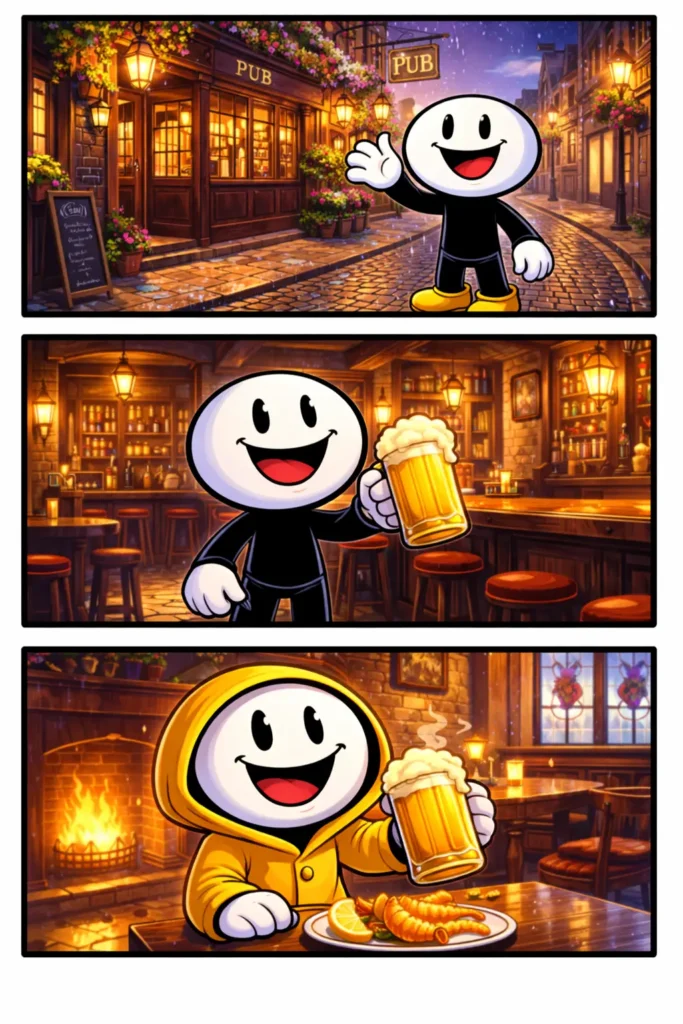 Driepanelige Toonwords-strip met een stickman in en bij een pub in typisch Britse stijl, passend bij het Nederlandse woord “pub”.