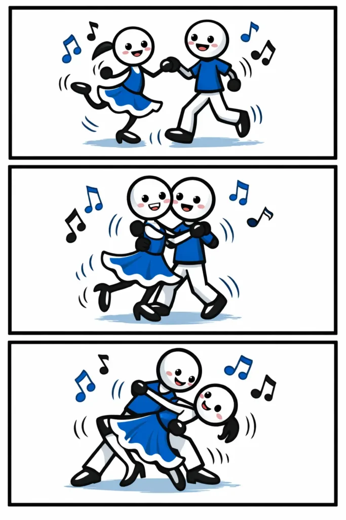 Stripafbeelding met drie panelen van stickman-figuurtjes die de dans Quickstep uitvoeren.
