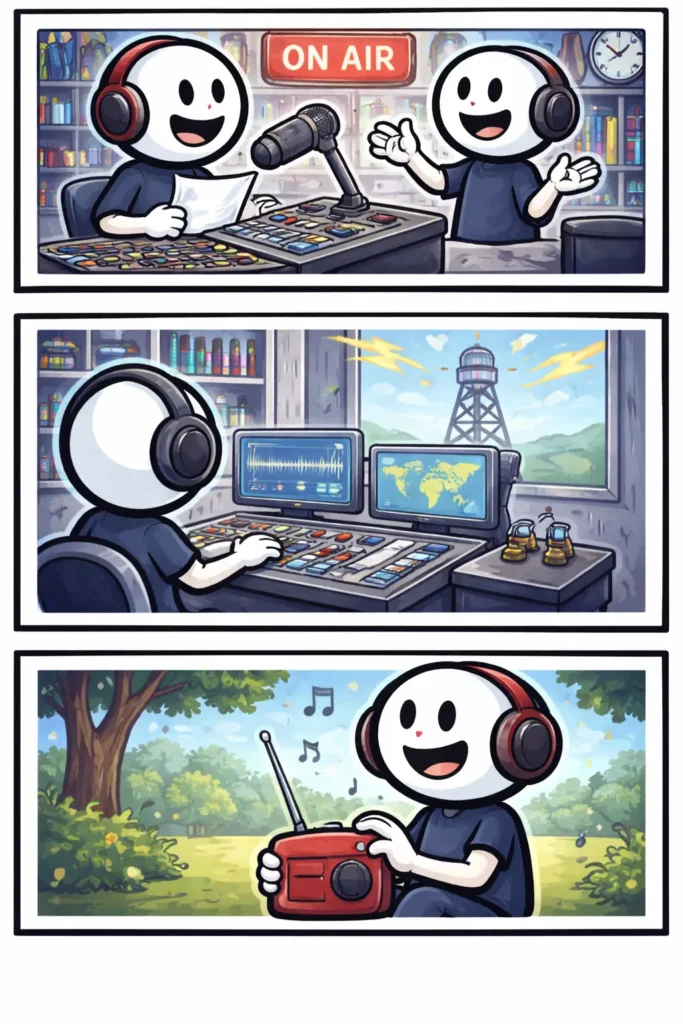 Stripafbeelding met drie panelen van stickman-figuurtjes in een radiostudio met microfoon en mengtafel, in Toonwords-stijl, met het Nederlandse woord “Radiostation” als onderwerp.