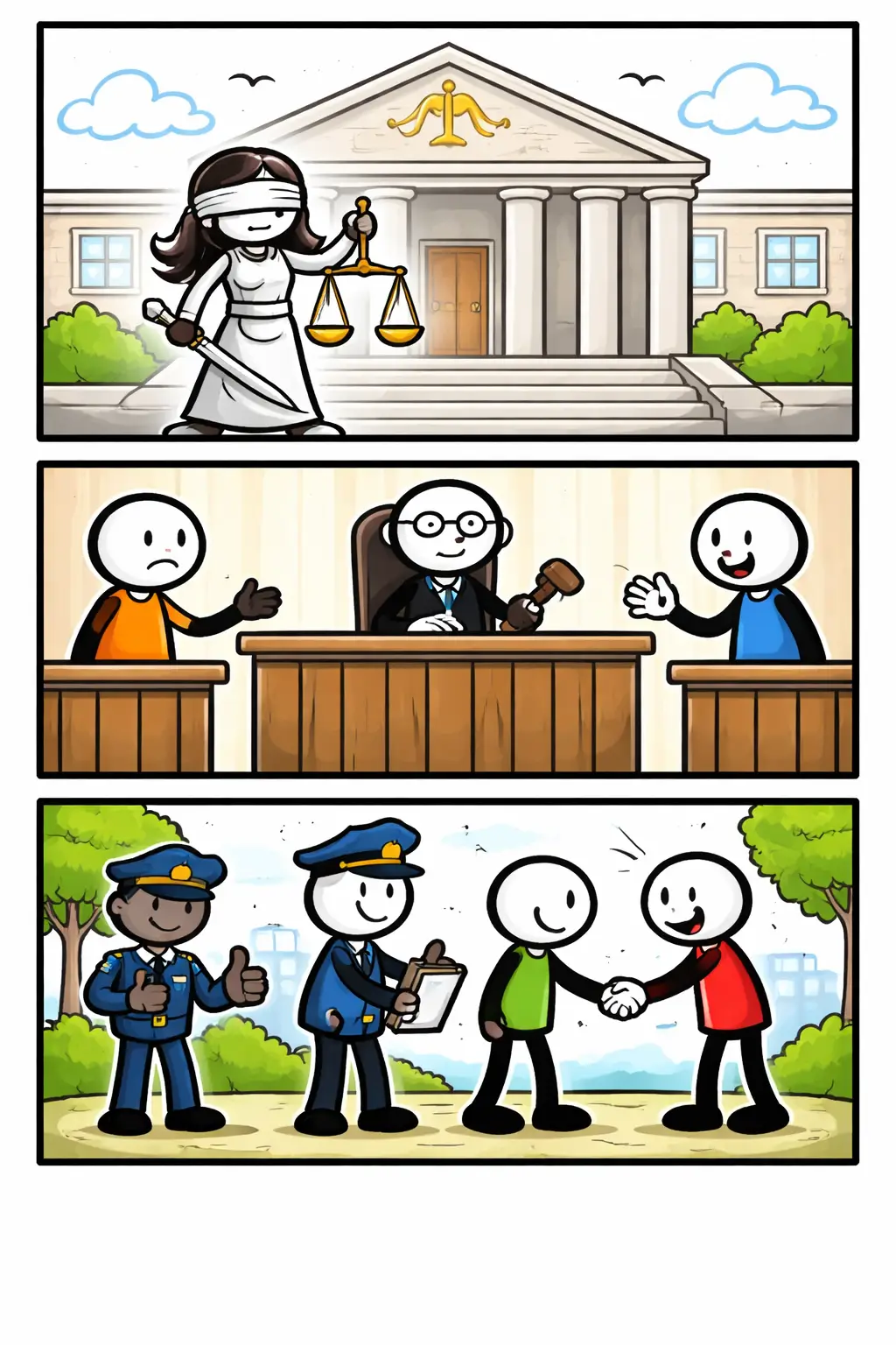 Stickman-strip in drie panelen over Rechtvaardigheid, waarin figuurtjes in balans, gelijkheid en eerlijke verdeling worden afgebeeld zonder tekst.