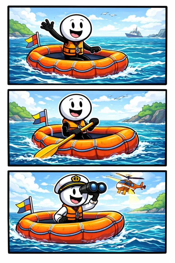 Stripafbeelding van een stickman in Toonwords-stijl in een reddingsboot, verdeeld over drie kleurrijke panelen op zee.