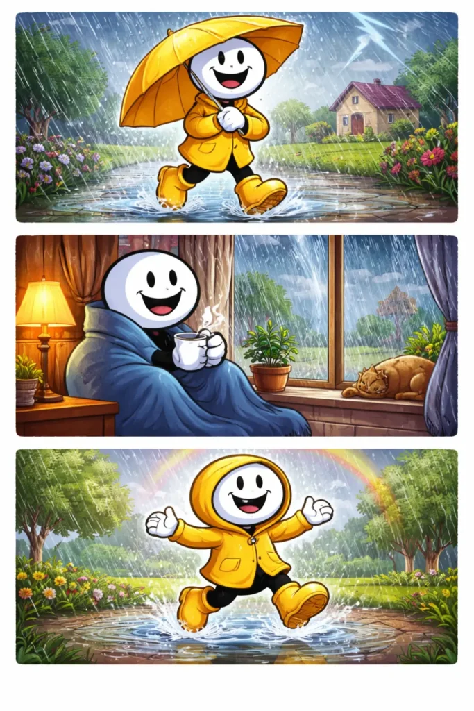 Driepanelige Toonwords-strip met een stickman die in de regen staat en door natte straten loopt, passend bij het Nederlandse woord “regen”.